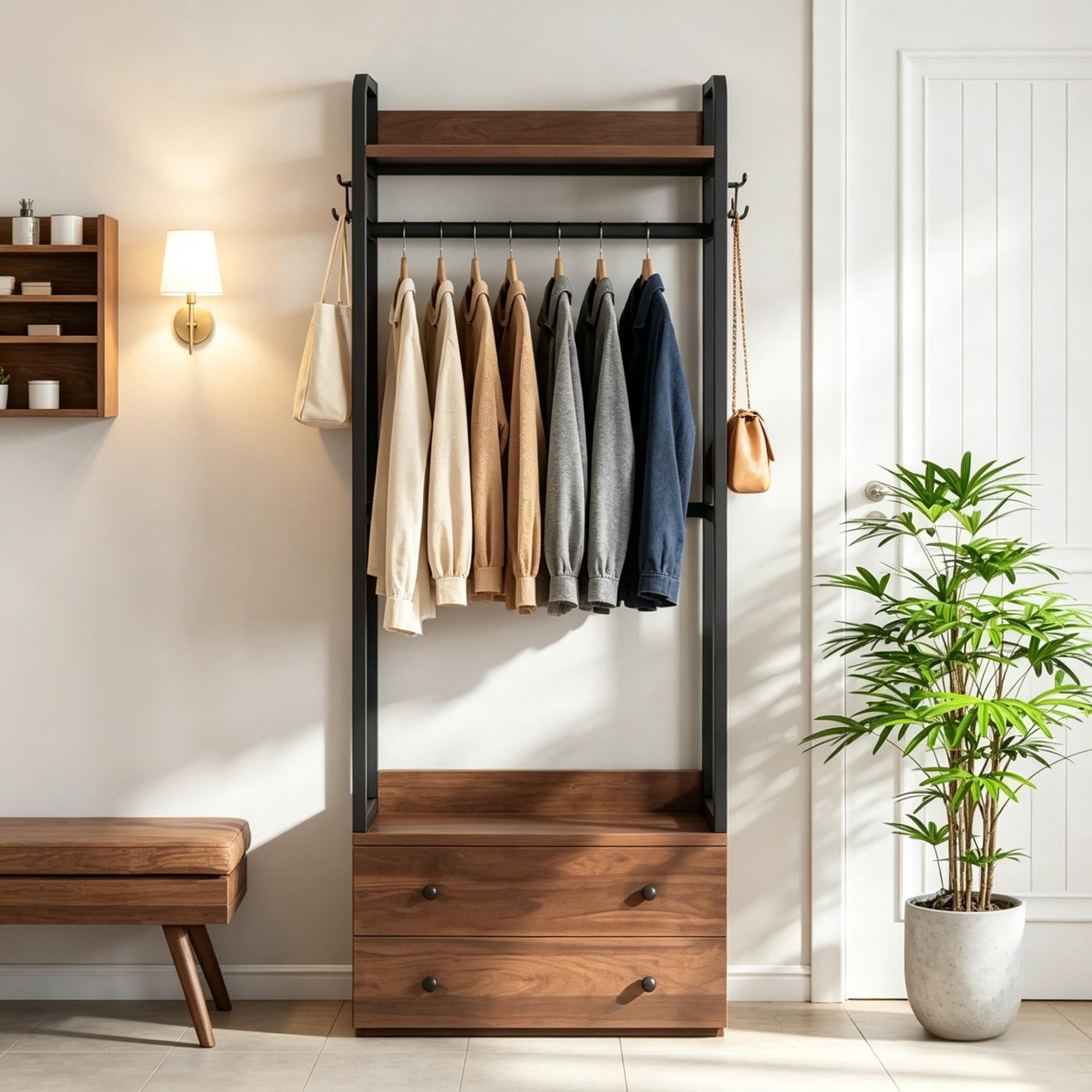 Freestanding Clothes Rack with 2 Drawers and 6 Hooks