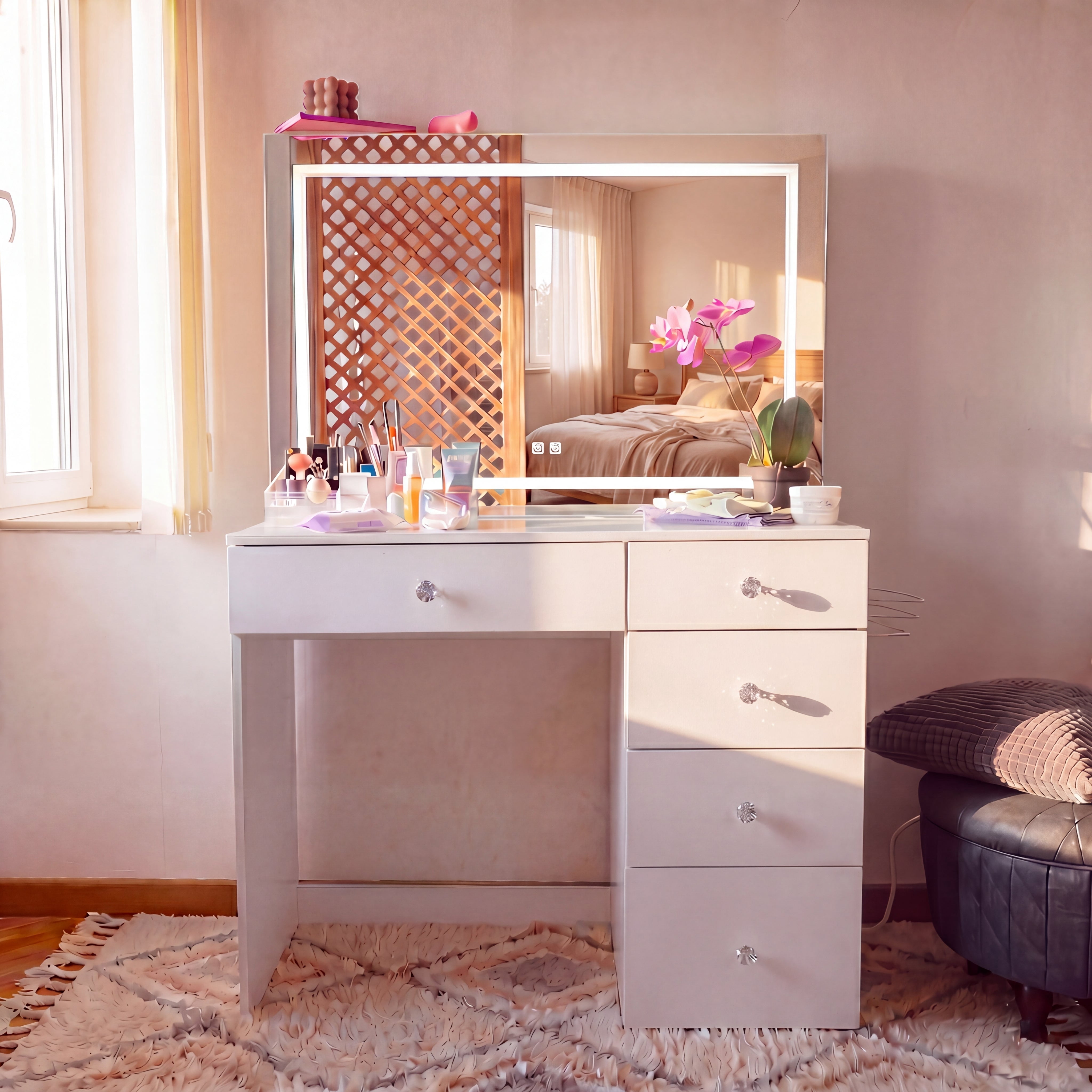 Boahaus Lyra Vanity Desk with LED Mirror and Built-In Speakers – Compact Makeup Vanity Table with Storage and Power Outlet