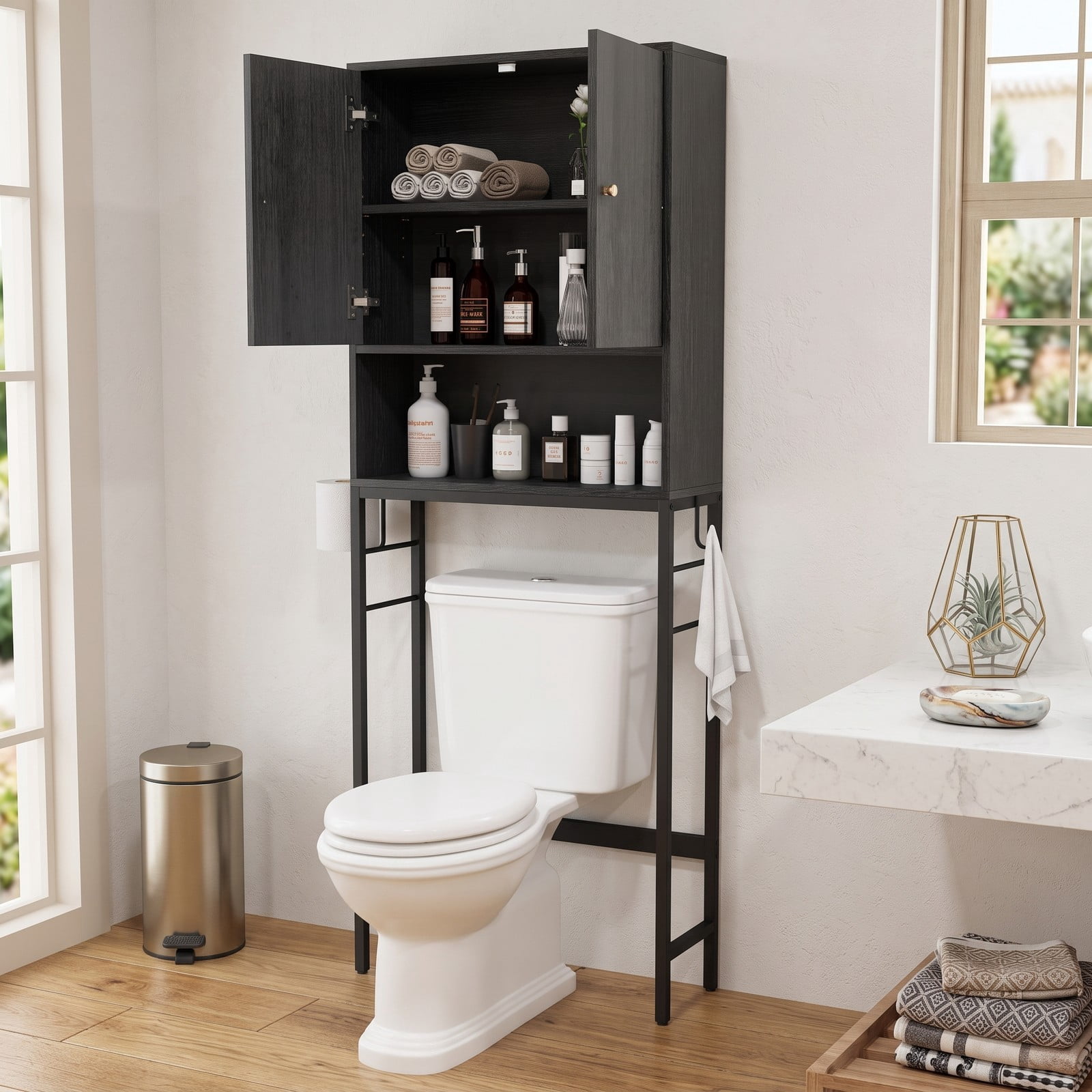 ALPULON Tall Over the Toilet Storage Cabinet with 2 Doors and Adjustable Shelf for Small Bathroom and Laundry Room, Black