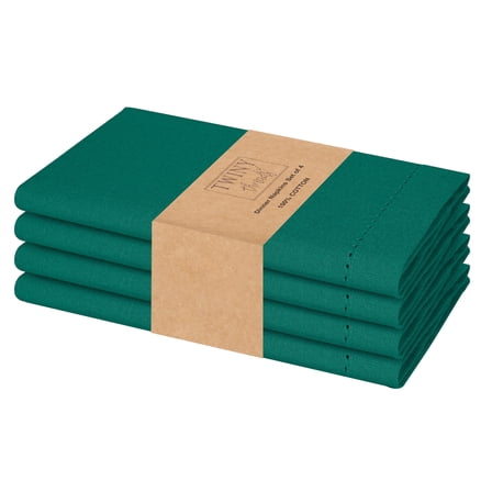 Twiny Threads Set of 4 Hemstitch Reusable Cloth Dinner Napkins - Royal Green