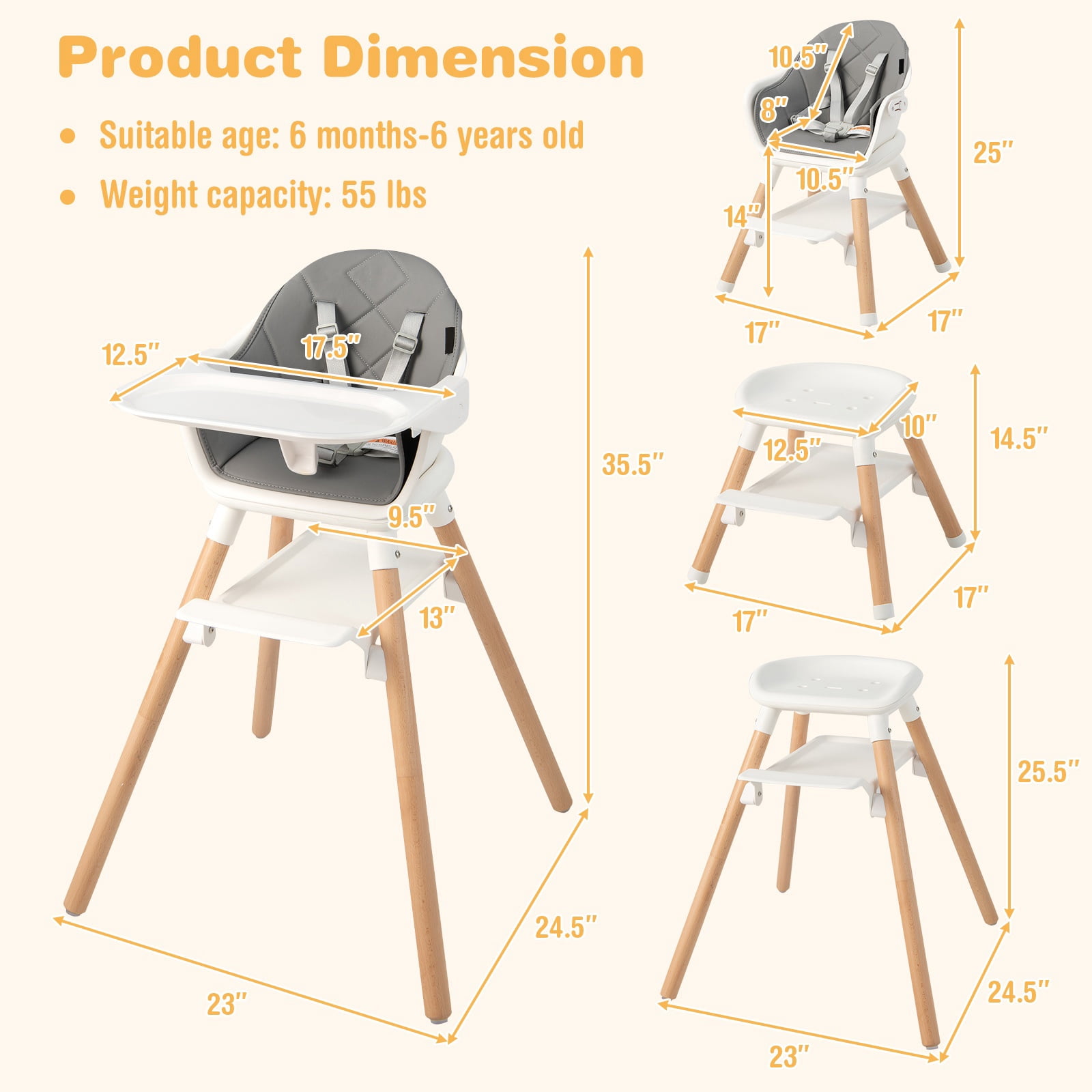 Infans 6-in-1 Convertible Wooden Baby Highchair Infant Feeding Chair w/ Removable Tray