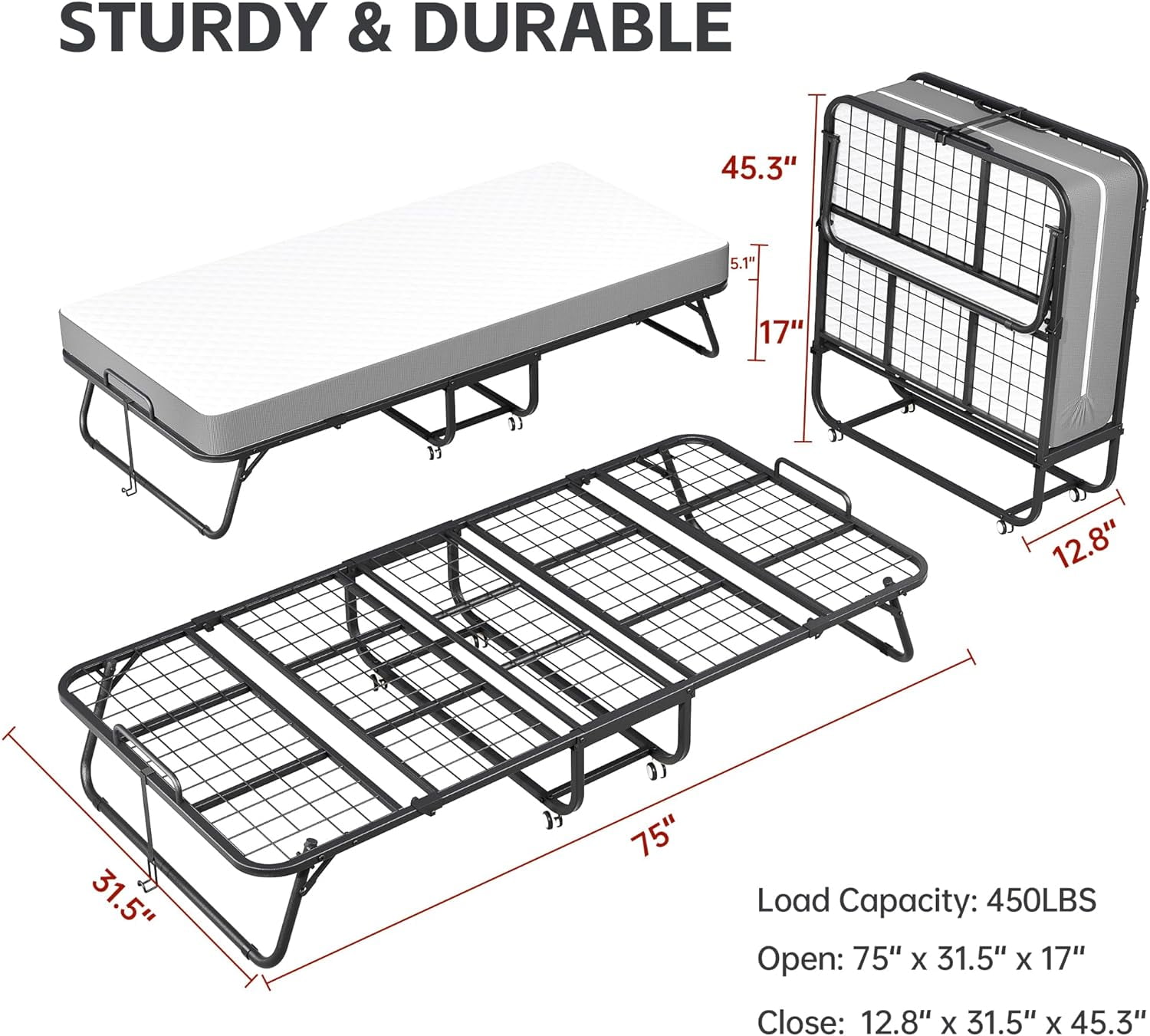 SUNCROWN Folding Bed with Mattress, 75" x 31"Portable Foldable with 5" Thick Foam Frame Roll Away Beds, Single Cot Folded Bed for AdultsStudents, Small Apartment, Camping