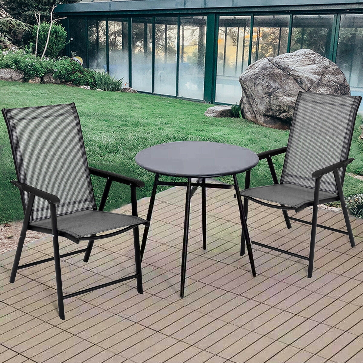Gymax 2PCS Folding Chairs Steel Frame Patio Garden Outdoor w/ Armrest & Footrest