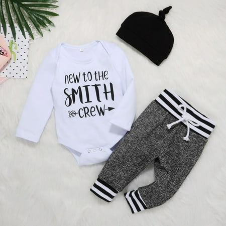 

URMAGIC Newborn Baby Boys Long Sleeve Romper Pants Hat New Crew 3PCS Outfits