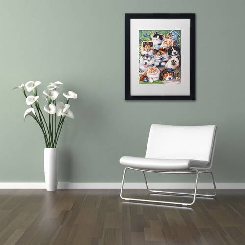 Trademark Fine Art 'Kittens & Puppies In The Garden' Canvas Art by Jenny Newland, White Matte, Black Frame