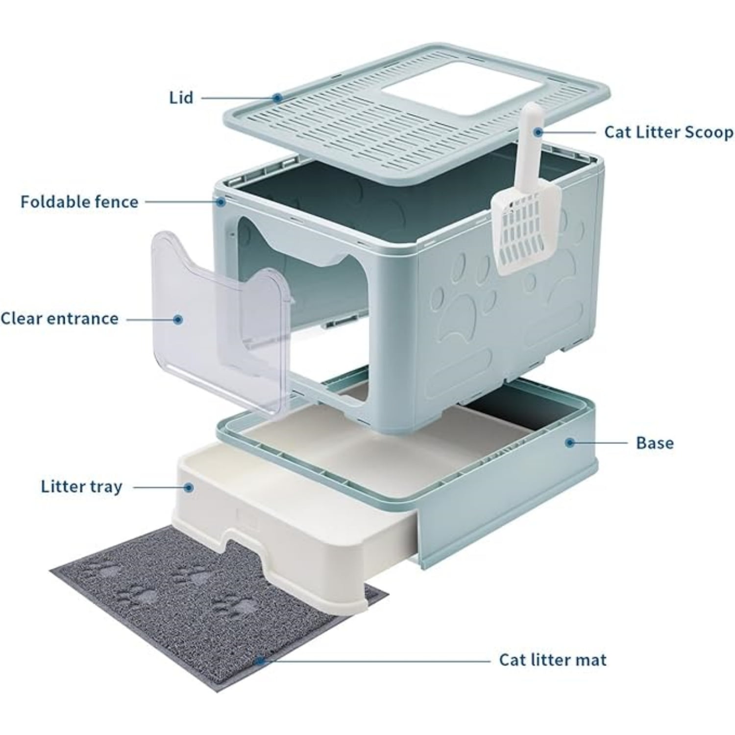 Cat Litter Box with Litter Mat and Scoop, Large Foldable Litter Box with Lid, Front Entry Top Exit Kitty Box, Odor Control, Easy to Clean (Blue)