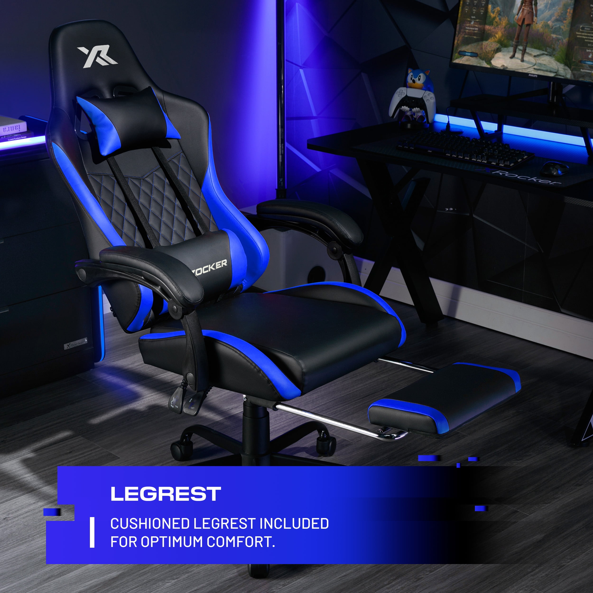 X Rocker Apex PC Gaming Chair with Massage Function and Footrest, Blue
