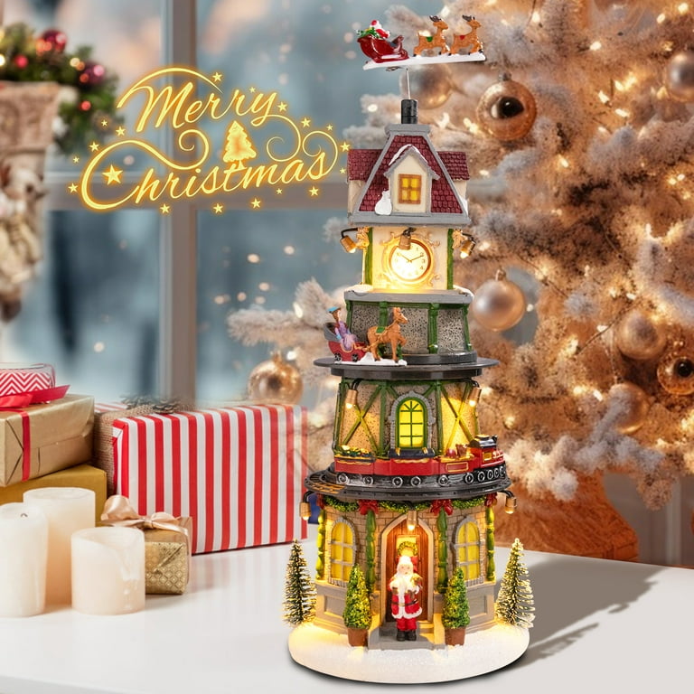 15 Inch Wonede Garden Christmas Village Tabletop Clock Tower Collectible  Buildings with Revolving Train, Musical Winter Village House Figurine with