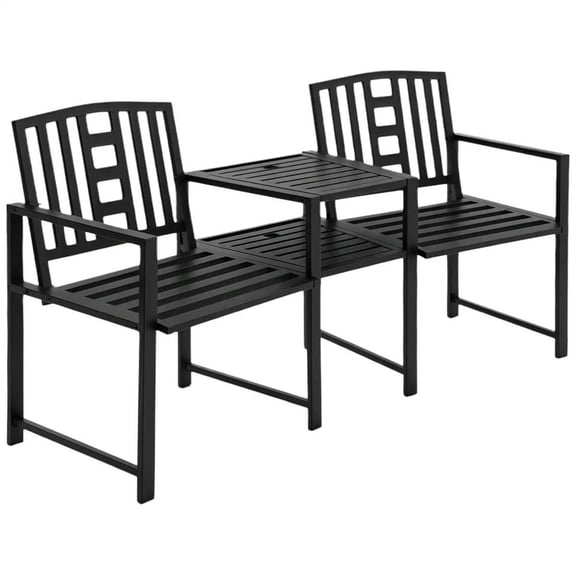 Topcobe Outdoor Double Seating Bench with Center Table and Umbrella Socket, Sturdy Slatted Design for 2-Person Outdoor Conversation, Black