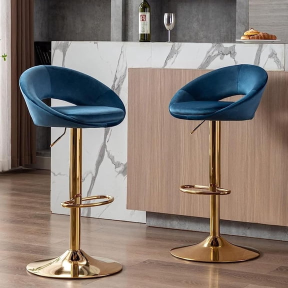 Velvet Swivel Bar Stools Set of 2 with Open Back, Upholstered Adjustable Bar Height Bartools Modern Counter Height Barstools Island Chairs with Gold Legs for Kitchen/Home Bar/Pub, Blue