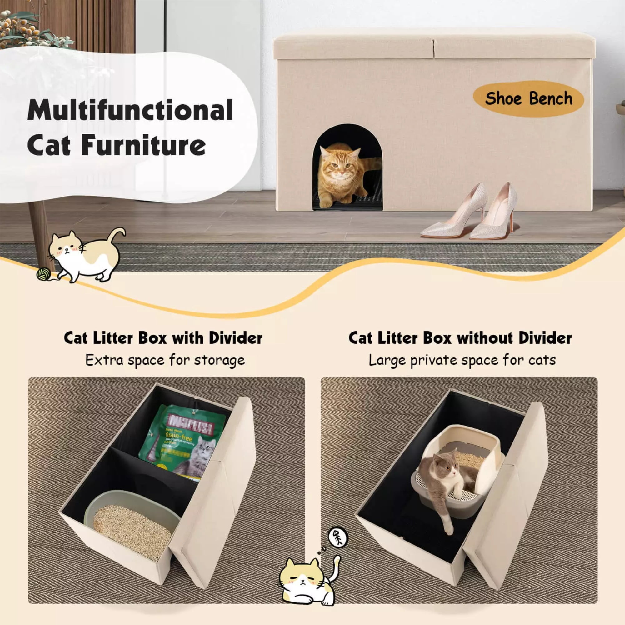 resenkos 35" Hidden Cat Litter Box Enclosure Furniture with Urine Proof Litter Mat, Pet House for Indoor Cats, Living Room Cat Condo Bed Cave, Beige