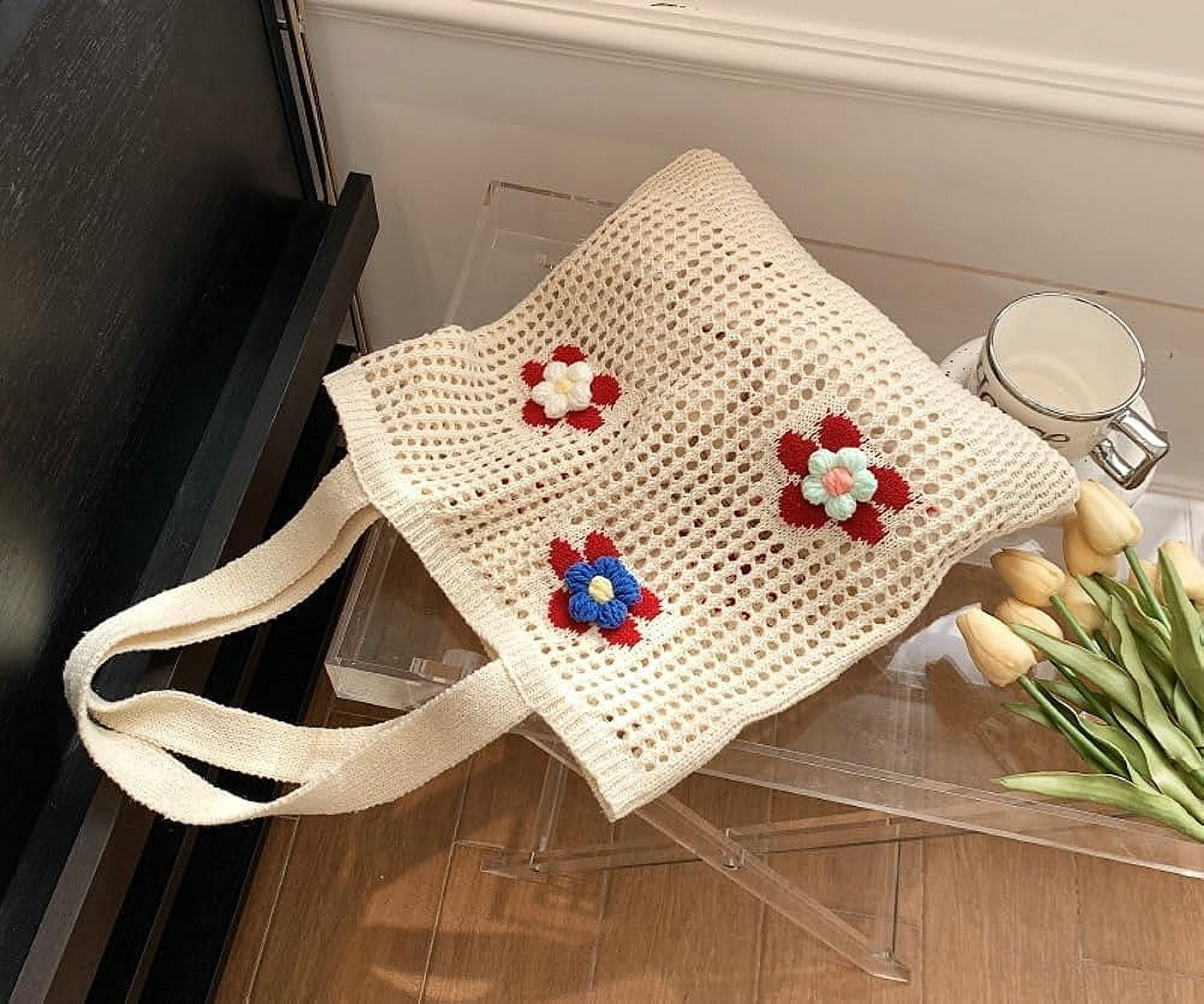 Kukuzhu Women Handmade Crochet Tote Bag Y2k Purse Cute Aesthetic Shoulder Bag Knitted Hobo Bag Mesh Beach Bag