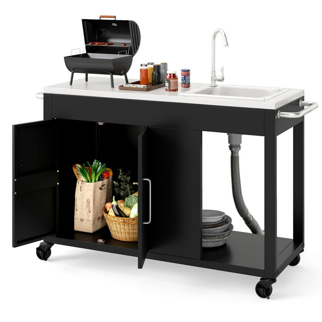 Costway 56" Outdoor Grill Table with Sink & Drainage with Stainless Steel Top