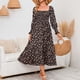 thumbnail image 3 of Vestido largo de mujer Vestido fruncido con cuello cuadrado Vestido de manga larga con estampado floral Vestido con dobladillo con volantes Negro M, 3 of 6