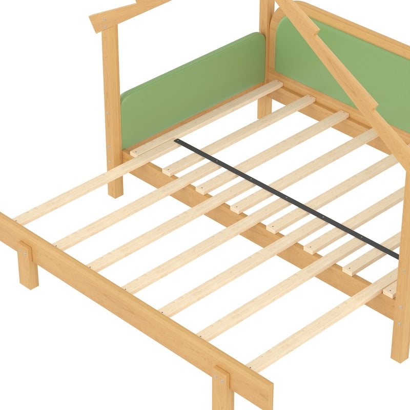 Bellemave Extendable Montessori House Bed, Wood Twin to King Daybed with Soft Cushion Rails, Double Twin Beds with Roof-Shaped, No Box Spring Needed (Natural+Green)