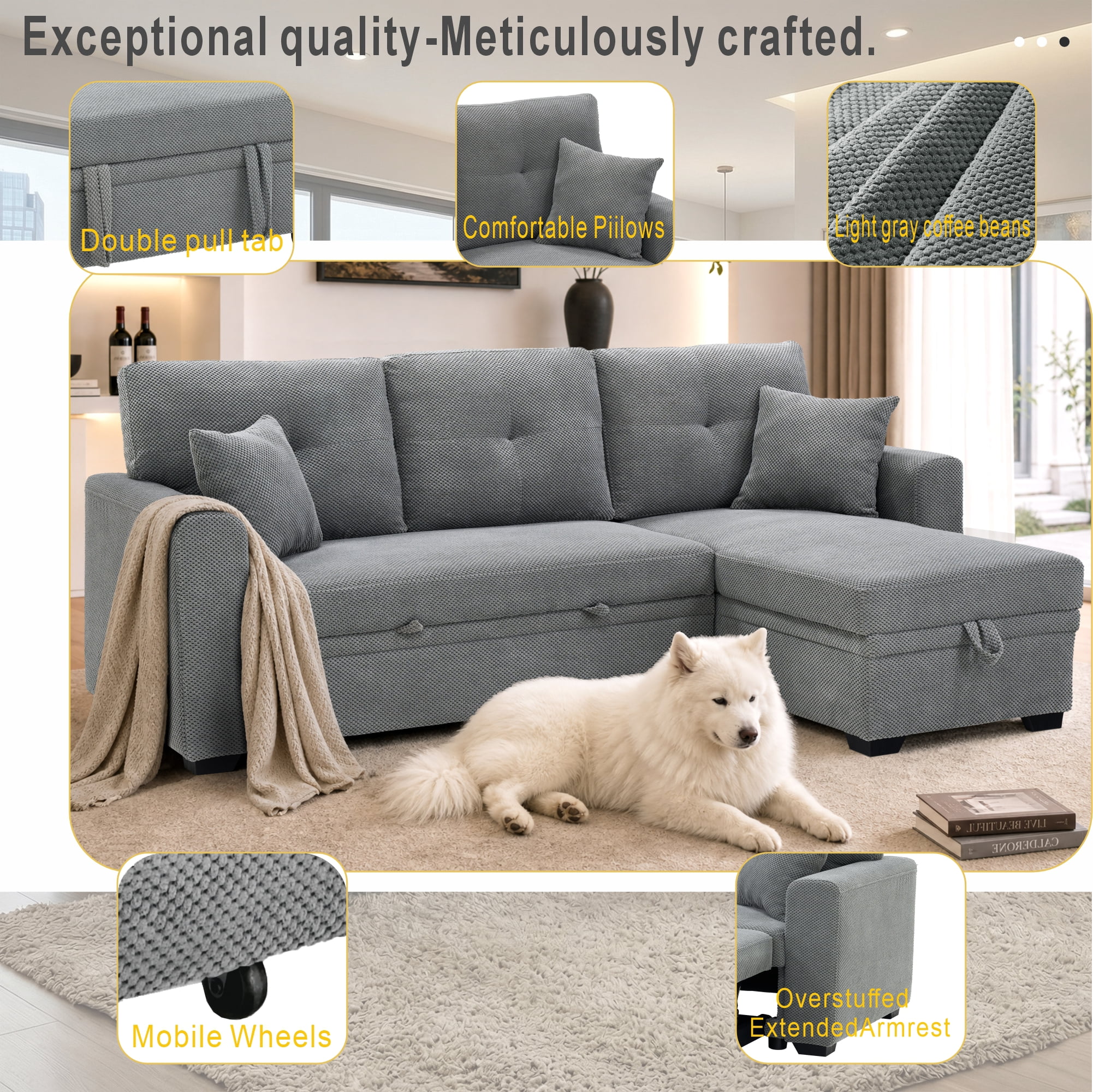 Howcool Sectional Sleeper Sofa with Pull-Out Bed,Reversible Storage Chaise,L-Shaped Convertible Couch for Small Living Room,Light Gray,Coffee Bean