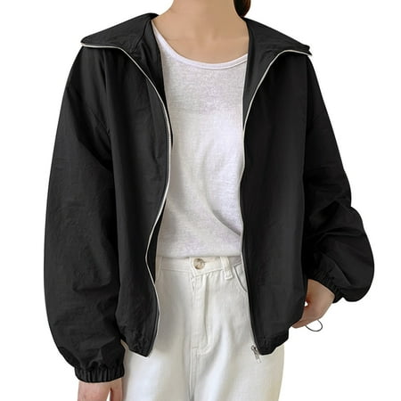successthop Sun Protection Shirt Women Long Sleeve Solid Jacket for Outdoor Driving Traveling Hiking Fishing Black 2XL
