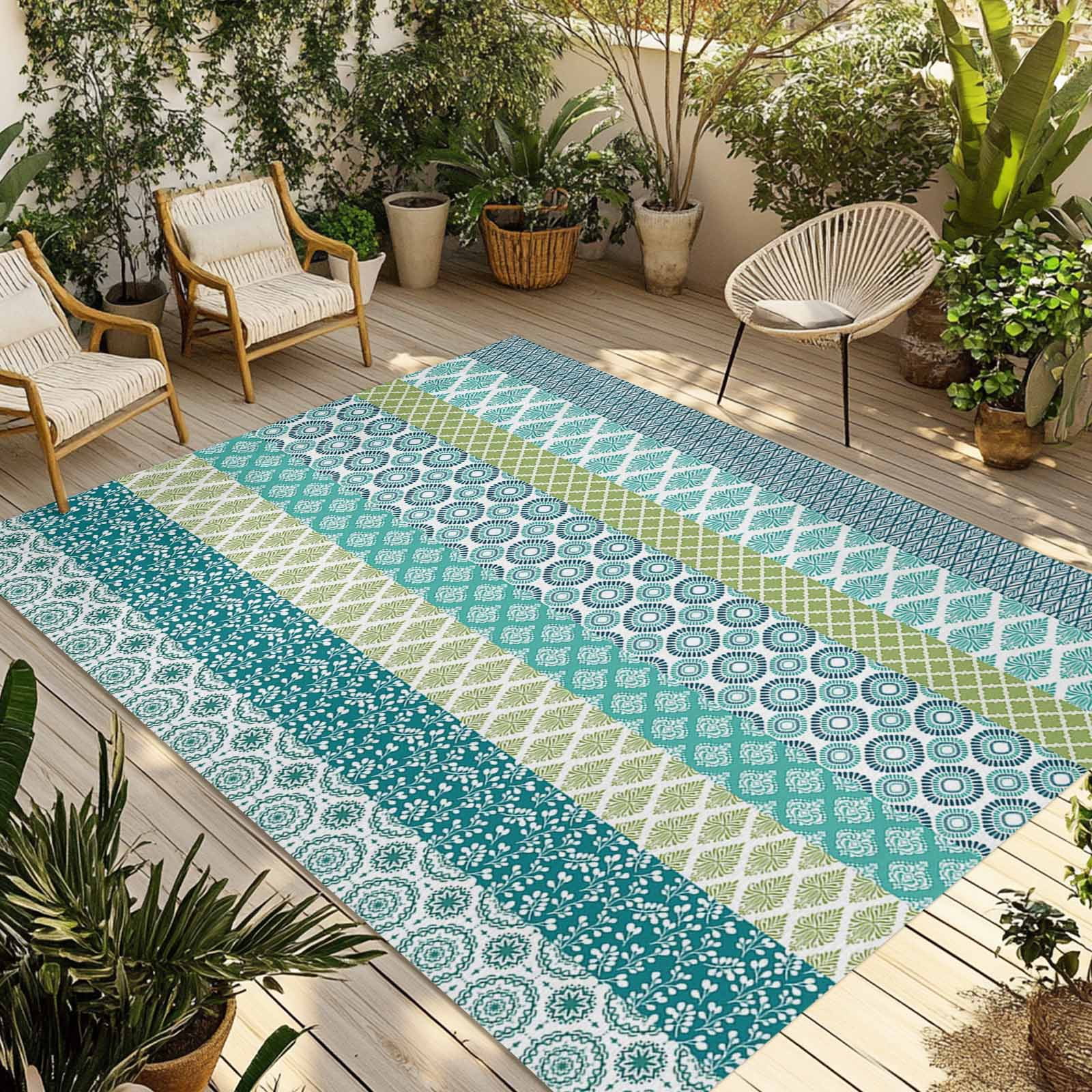 Outdoor Rug 5x8 ft Teal Blue Boho Waterproof Outdoor Patio Rug Mat Non Slip Outside Area Rugs Carpet for RV,Camping,Porch,Deck,Pool,Balconybackyard,Bohemian Geometric Pattern