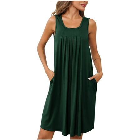 cfhntfmh Pajama Dress for Women Sleeveless Comfy Nightgowns Pleated Front Sleepwear Crewneck Lounge Dress with Pockets