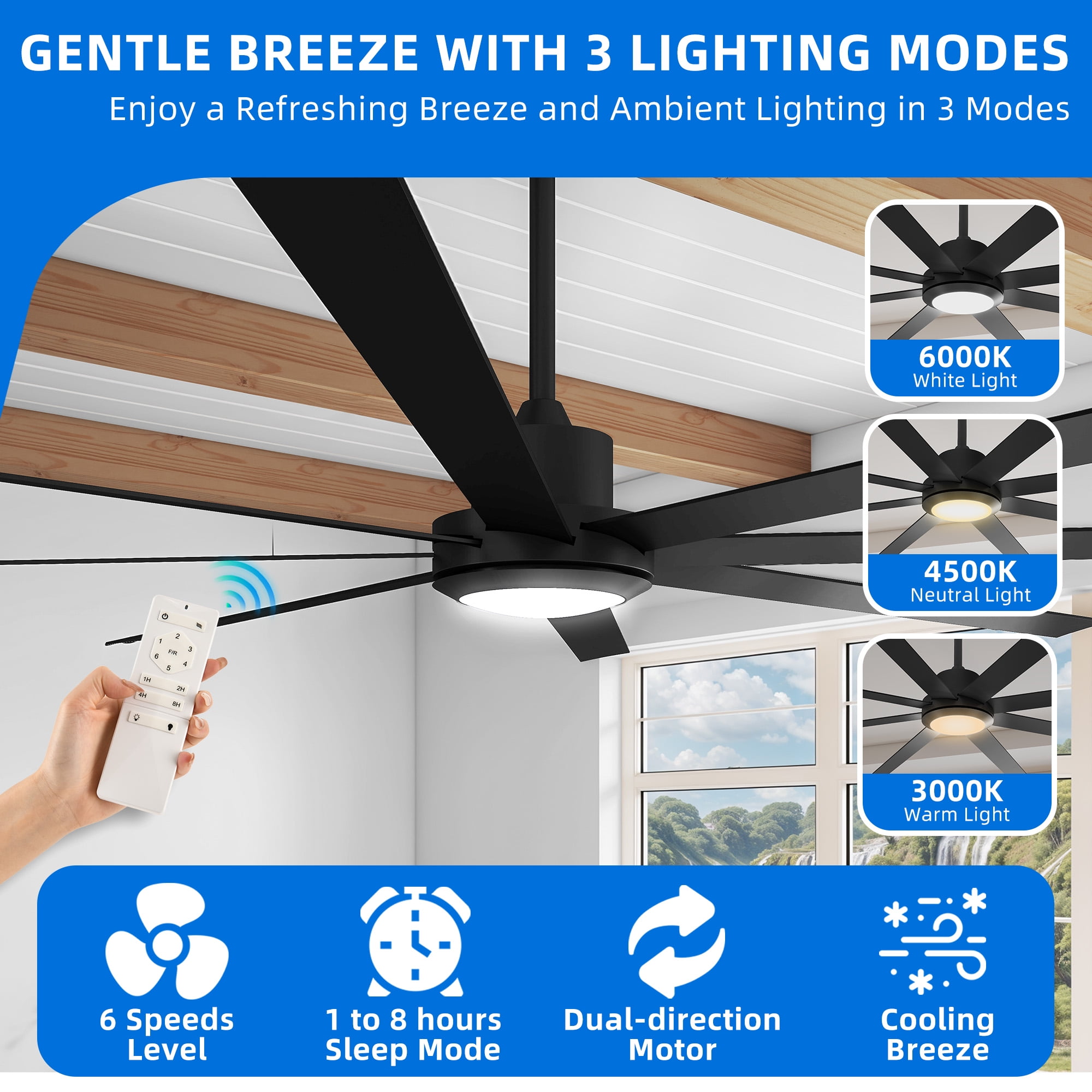 Dextrus 84" Large Ceiling Fan with Lights and Remote 8 Blades 6-Speed Dimmable Indoor Outdoor Ceiling Fan for Patio Living Room Garage, Black