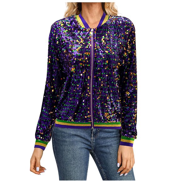 Women's Sequin Jacket, Long Sleeve Lapel Design with Lightweight Polyester Fabric, for Casual Wear and Party Occasions