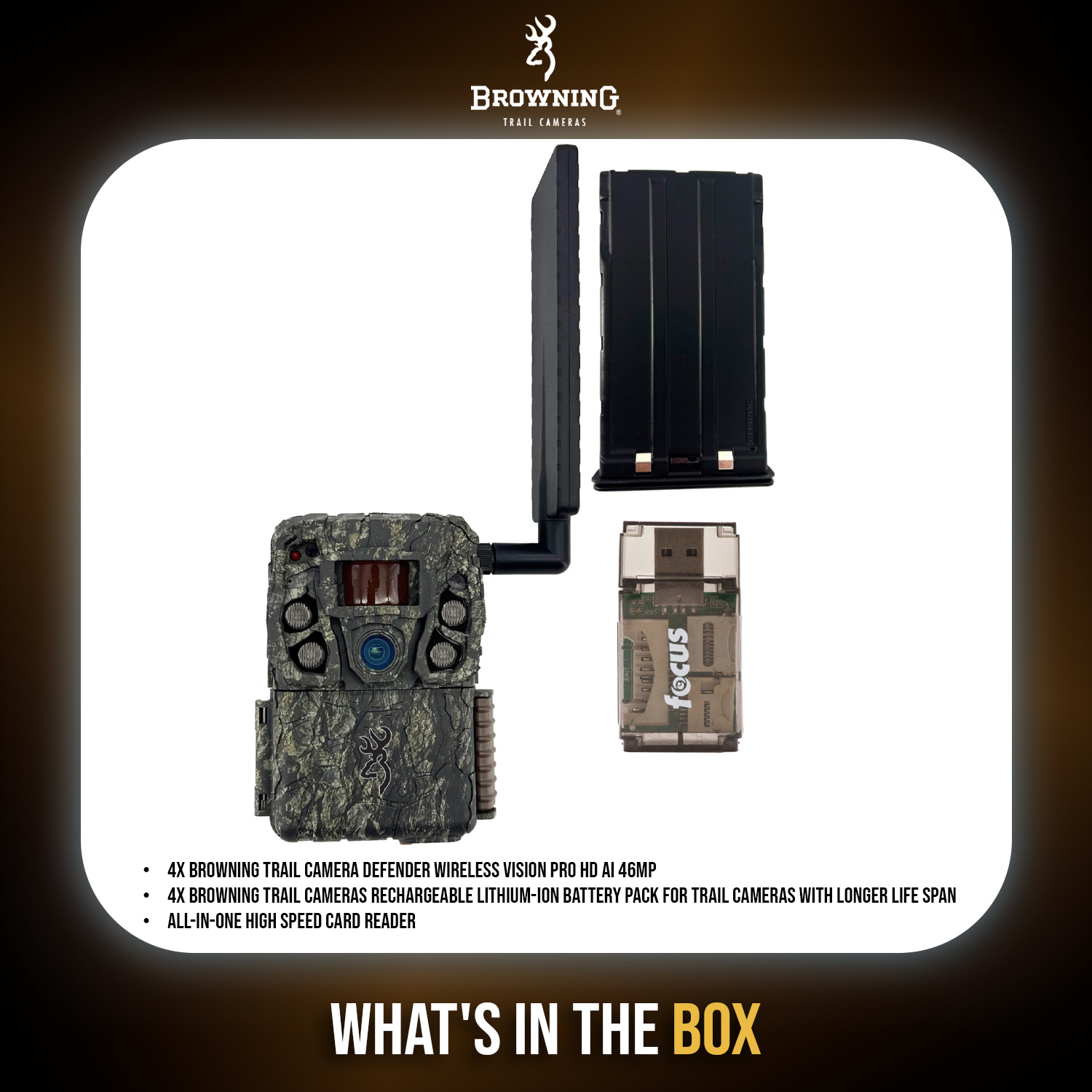 Browning Trail Camera - Defender Wireless Vision Pro HD AI 46MP (4 Pack) Bundle with Rechargeable Battery Pack and Card Reader (9 Items)