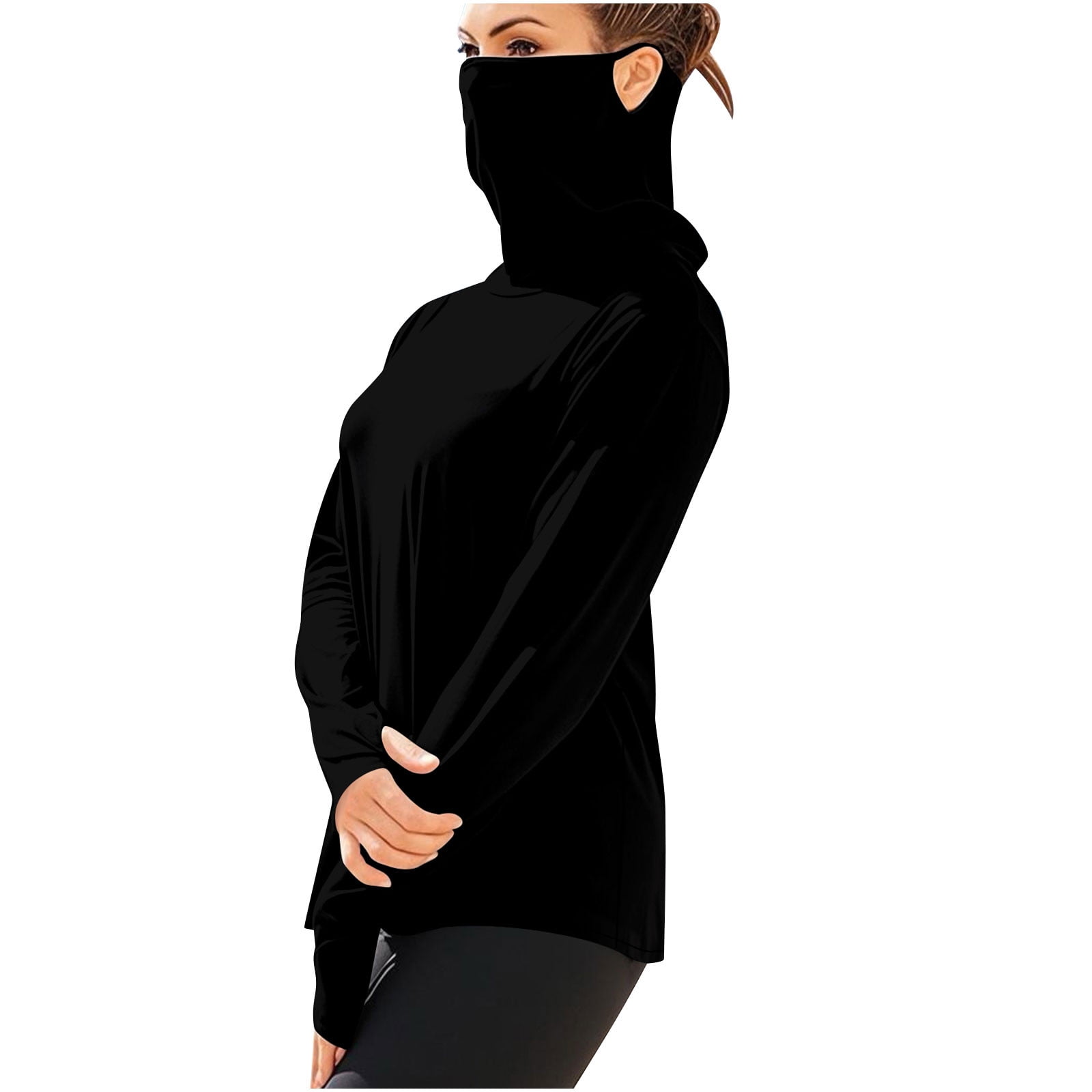 Stamzod Unisex Sun Shirt with Mask Summer Lightweight Ice Silk Long Sleeve Outdoor Fishing Shirt Solid Color Casual Loose Sun Protection Clothing Women Black M
