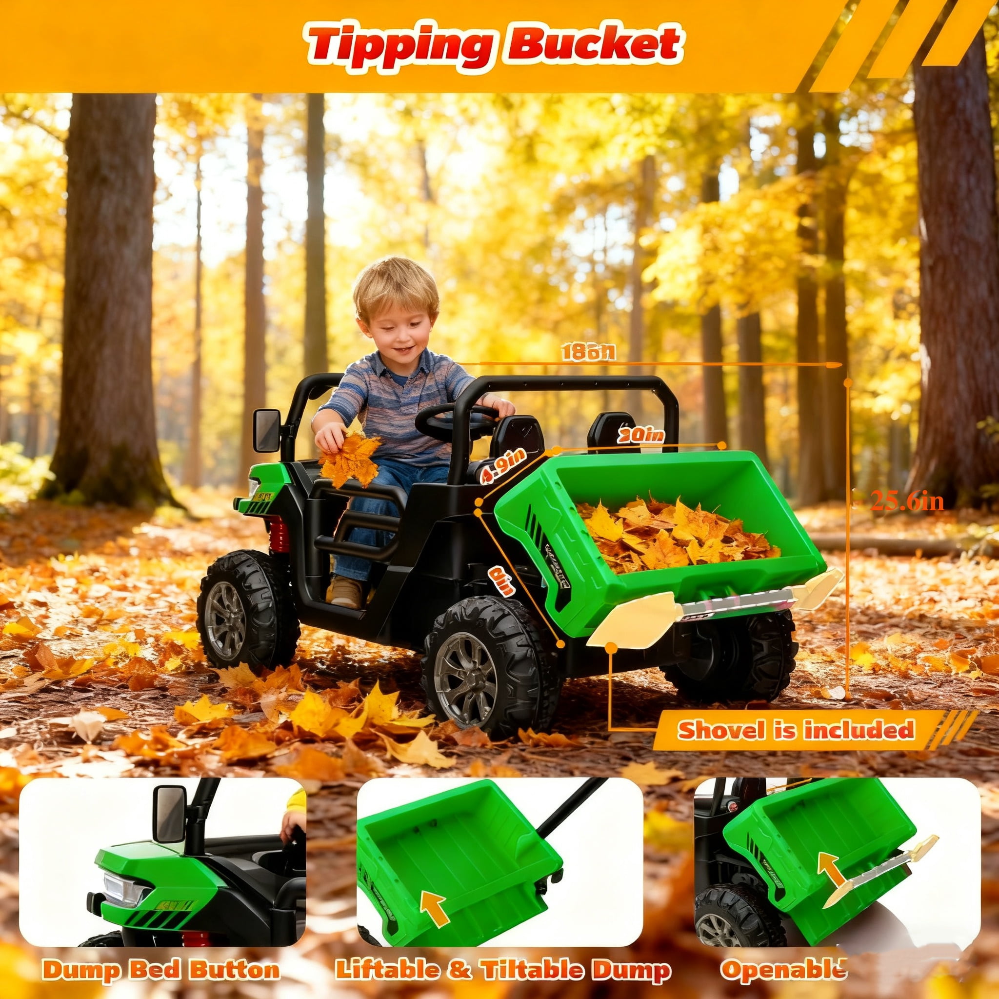 Jorfly 4WD 24V Ride-On Truck with Dump Bed&nbsp;– Power Car Wheels 2-Seater 800W Powered UTV with Remote Control, Bluetooth & LED Lights (Green)