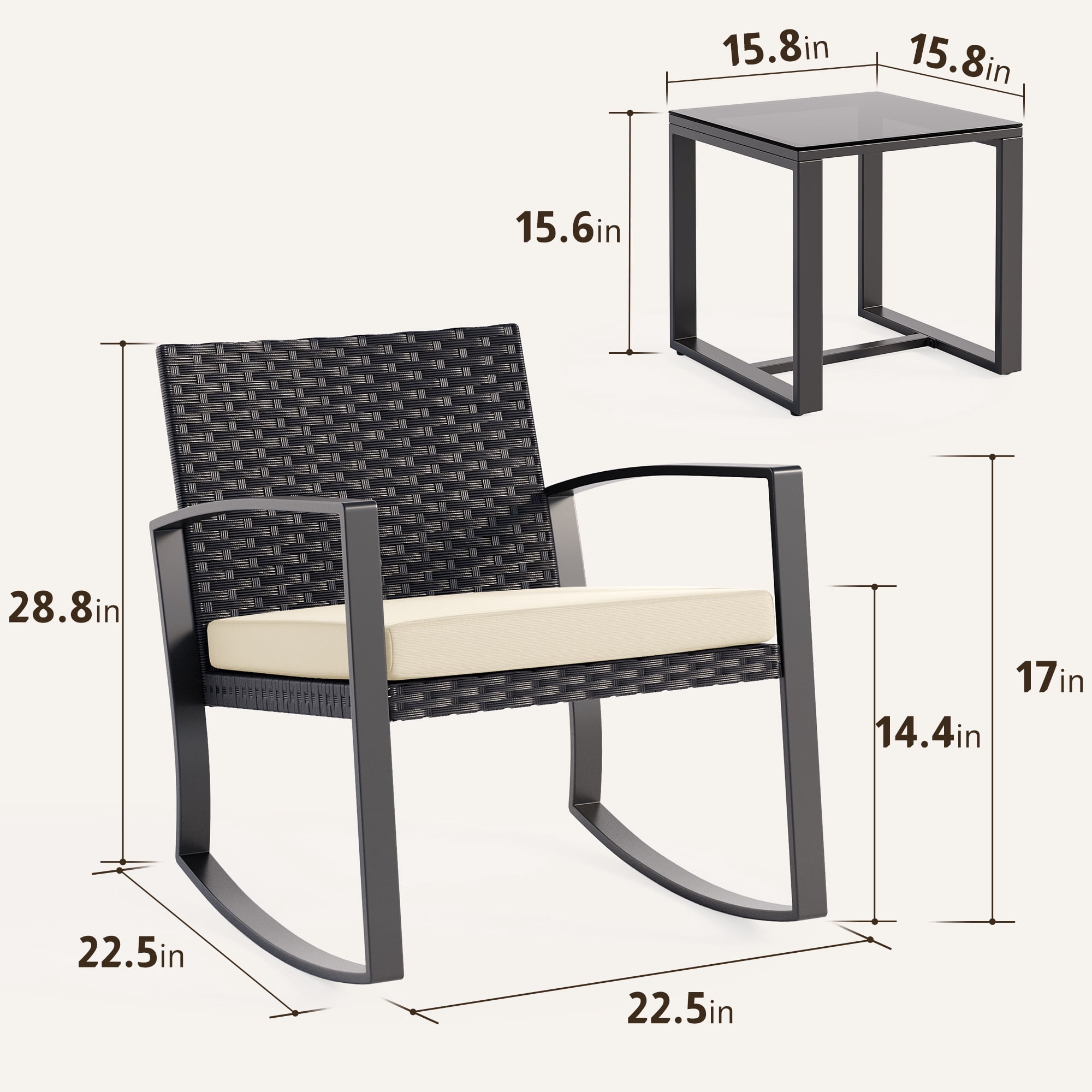 3 Pieces Patio Furniture Set Rocking Bistro Set, Asofer Outdoor Rattan Conversation with Cushion for Garden Balcony Backyard Poolside