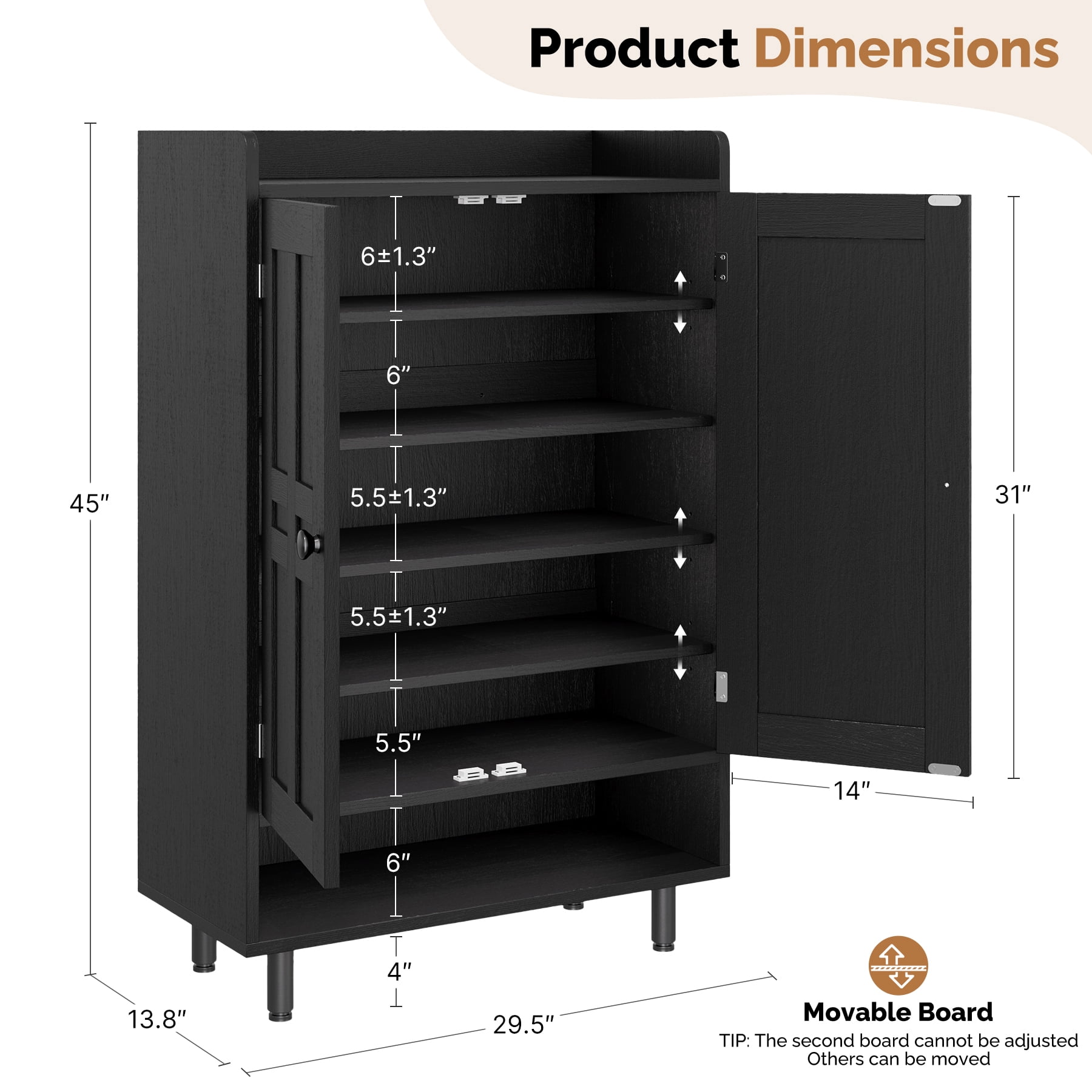 MOONMISS 5-Tier Adjustable Shelves Shoe Cabinet with Doors,Freestanding Shoe Storage Organizer,Shoe Rack for Entryway,Hallway,Closet