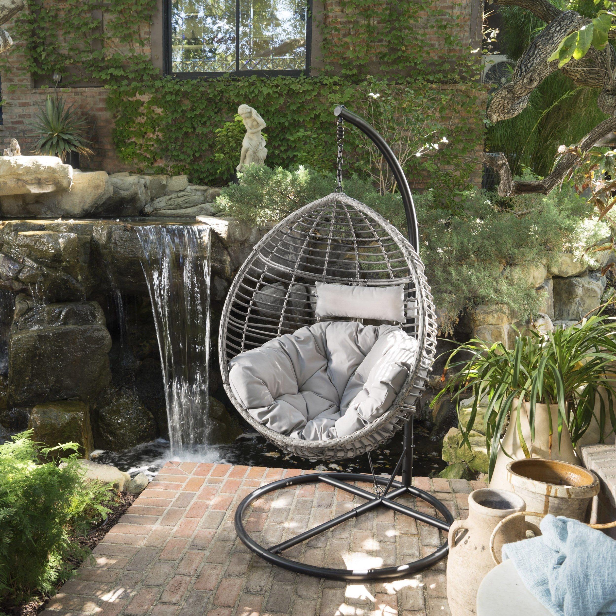 Leasa Outdoor Black Wicker Hanging Basket Chair with Grey Water