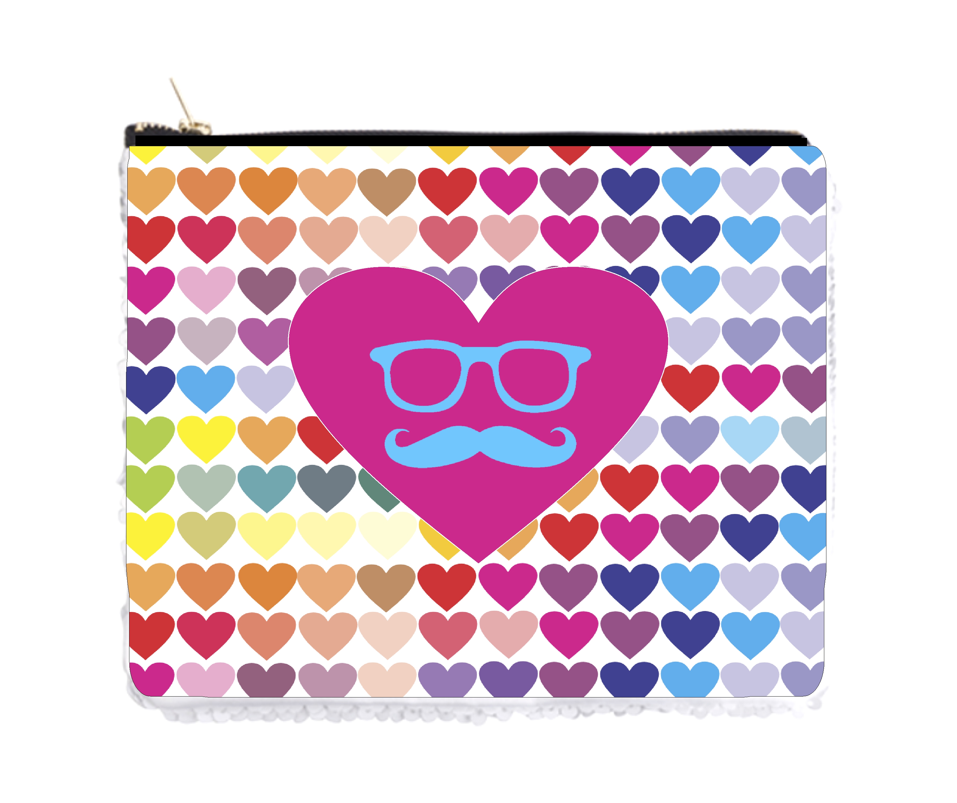 Glasses and Mustache Hipster Elements - Colorful Hearts Pattern Print Design - Double Sided 6.5" x 8" White/Silver Two-Tone Magic Sequin Cosmetic Makeup Bag / Case - image 1 of 4