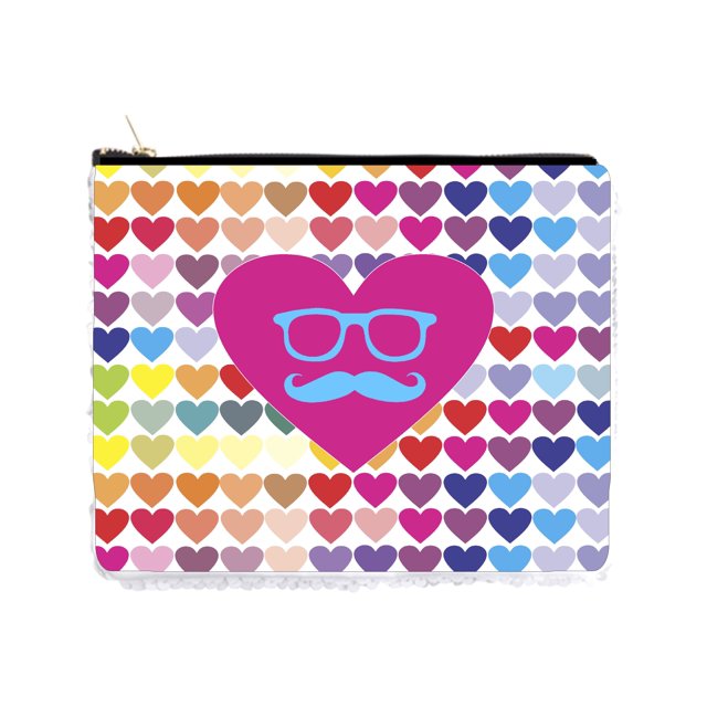 Glasses and Mustache Hipster Elements - Colorful Hearts Pattern Print Design - Double Sided 6.5" x 8" White/Silver Two-Tone Magic Sequin Cosmetic Makeup Bag / Case