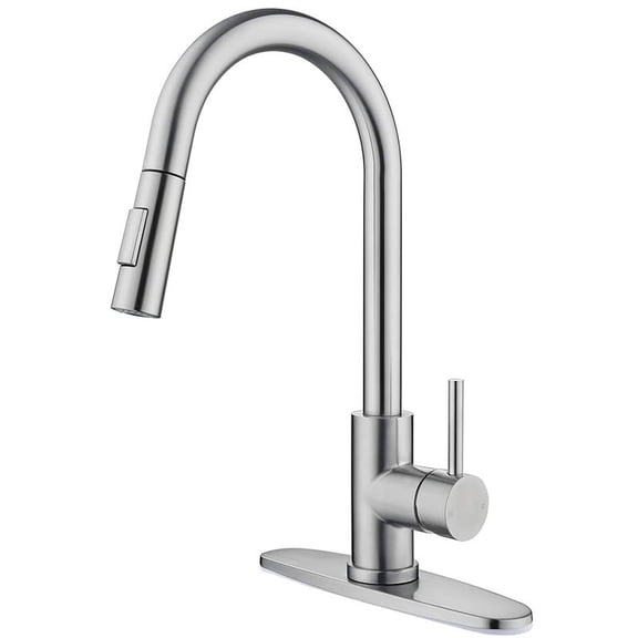Brushed Nickel Kitchen Faucet, Single Handle, 2 Water Mode 360 Degree Swivel Pre-Rinse Pull Out Kitchen Sink Faucet with Deck Plate