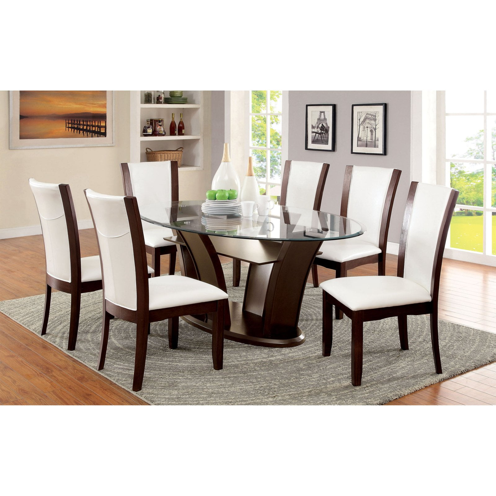 Furniture of America Lavelle 7 Piece Tempered Glass Top Dining Table