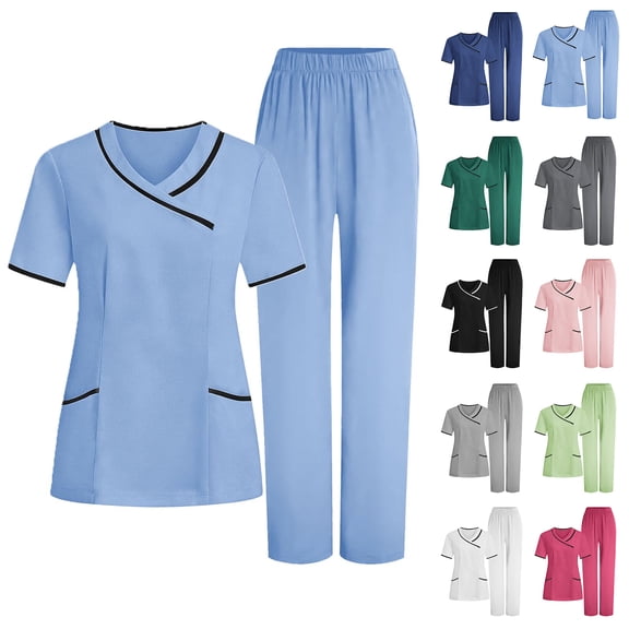 Bloomae Scrubs for Women Set Casual Short Sleeve Stretch V-Neck Scrub Top & Jogger Pant - Quick Dry Nurse Uniforms Women Set with Multi Pockets Dark Blue XXXL