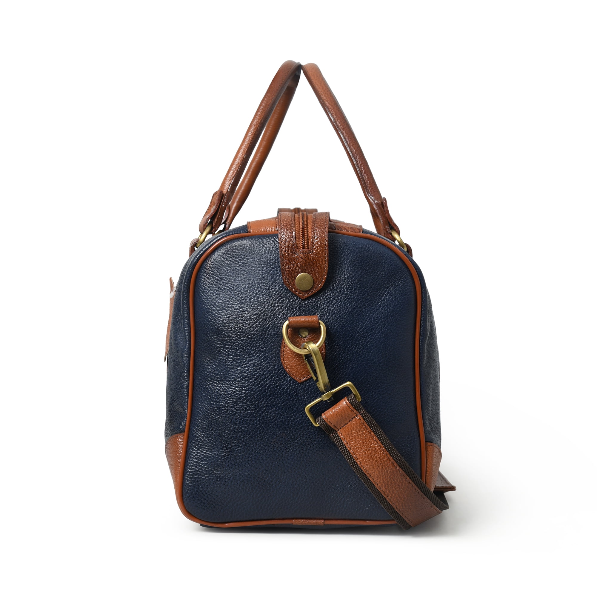 Leather Duffle Weekender Bag 18" – Handmade Soft Cowhide Travel Duffel for Men & Women with Brass Fittings, Navy Blue