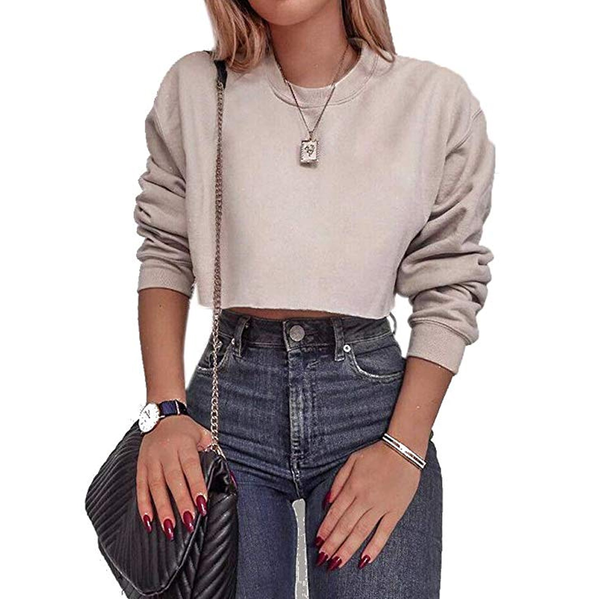 Womens Crop  Top  Hoodie Long Sleeve Casual Solid Sweatshirt  