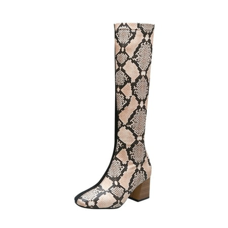 

Puawkoer Zipper Snakeskin Fashion Colors Thigh Breathable Heels Contrasting Shoes Retro Women s Boots High women s boots