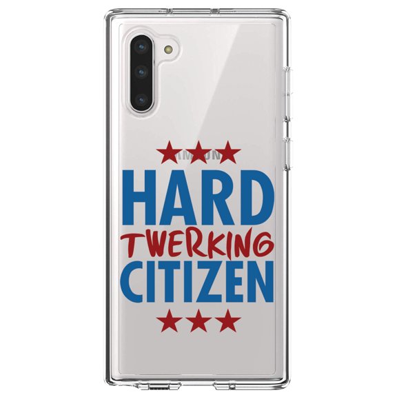 DistinctInk Clear Shockproof Hybrid Case for Samsung Galaxy Note 10 (6.3" Screen) - TPU Bumper Acrylic Back Tempered Glass Screen Protector - Hard Twerking Citizen