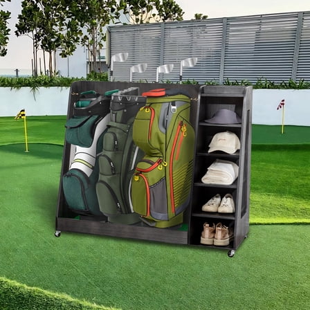 YIYADO Gray Wooden Golf Bag Storage Rack with 3 Drawers, Holds 2 Stand Bags and 14  Clubs, Stores Golf Balls, Shoes and Accessories, Indoor and Outdoor