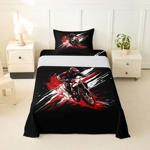 Castle Fairy Graffiti Dirt Bike Twin Sheet Sets 3pcs for Kids, Red Splash Design Bedding for Bedroom, Red Black