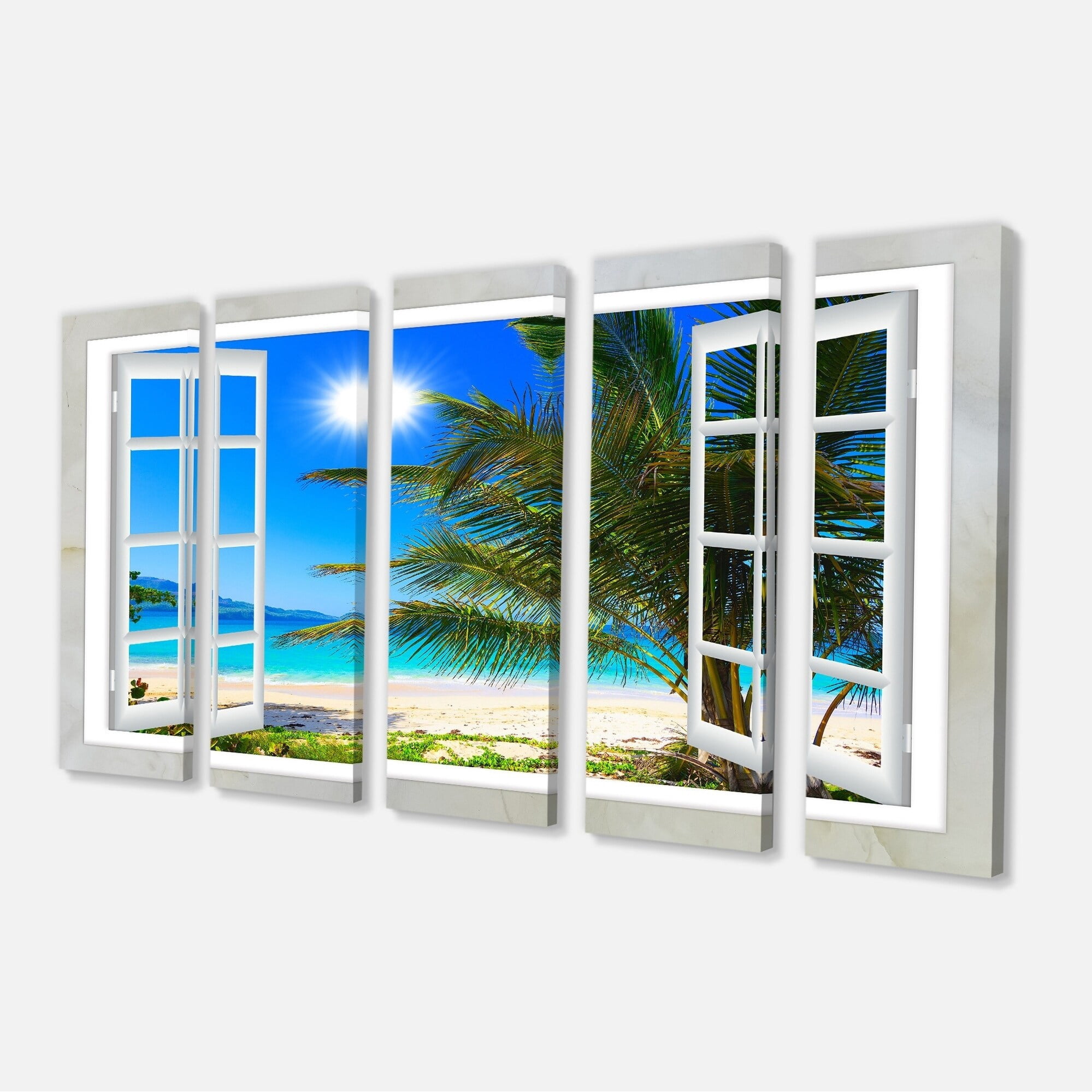 Designart 'Window Open to Beach with Palm ' Extra Large Seashore Canvas Art