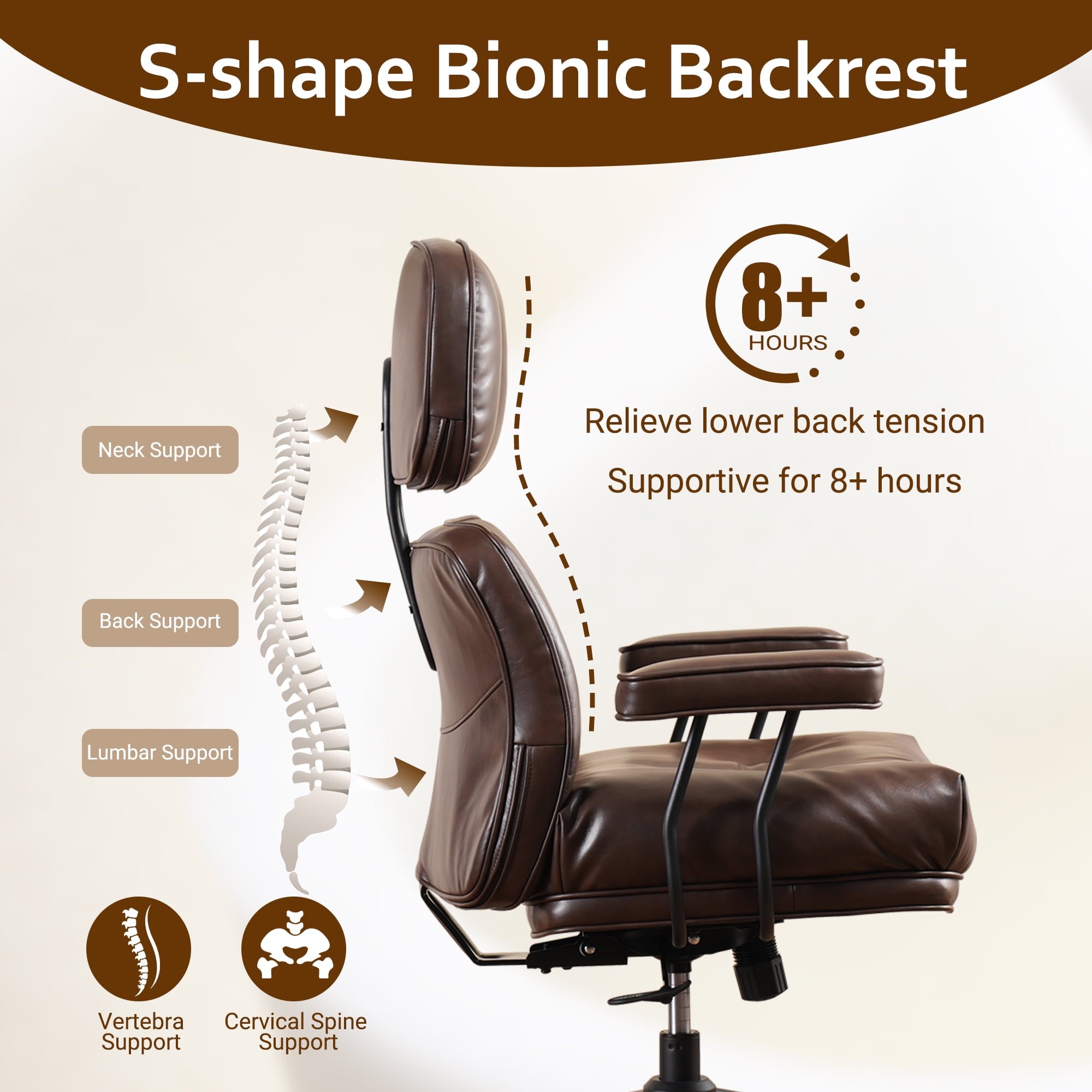 Vcatnet Ergonomic Executive Office Chair, High Back Computer Chair with Lumbar Support, PU Leather Mid-Century Modern Adjustable Home Office Desk Chair, Dark Brown