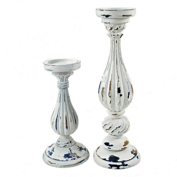 Contemporary Home Living Set of 2 Antique White Unique Tall Candle Stick Holder, 16.25"
