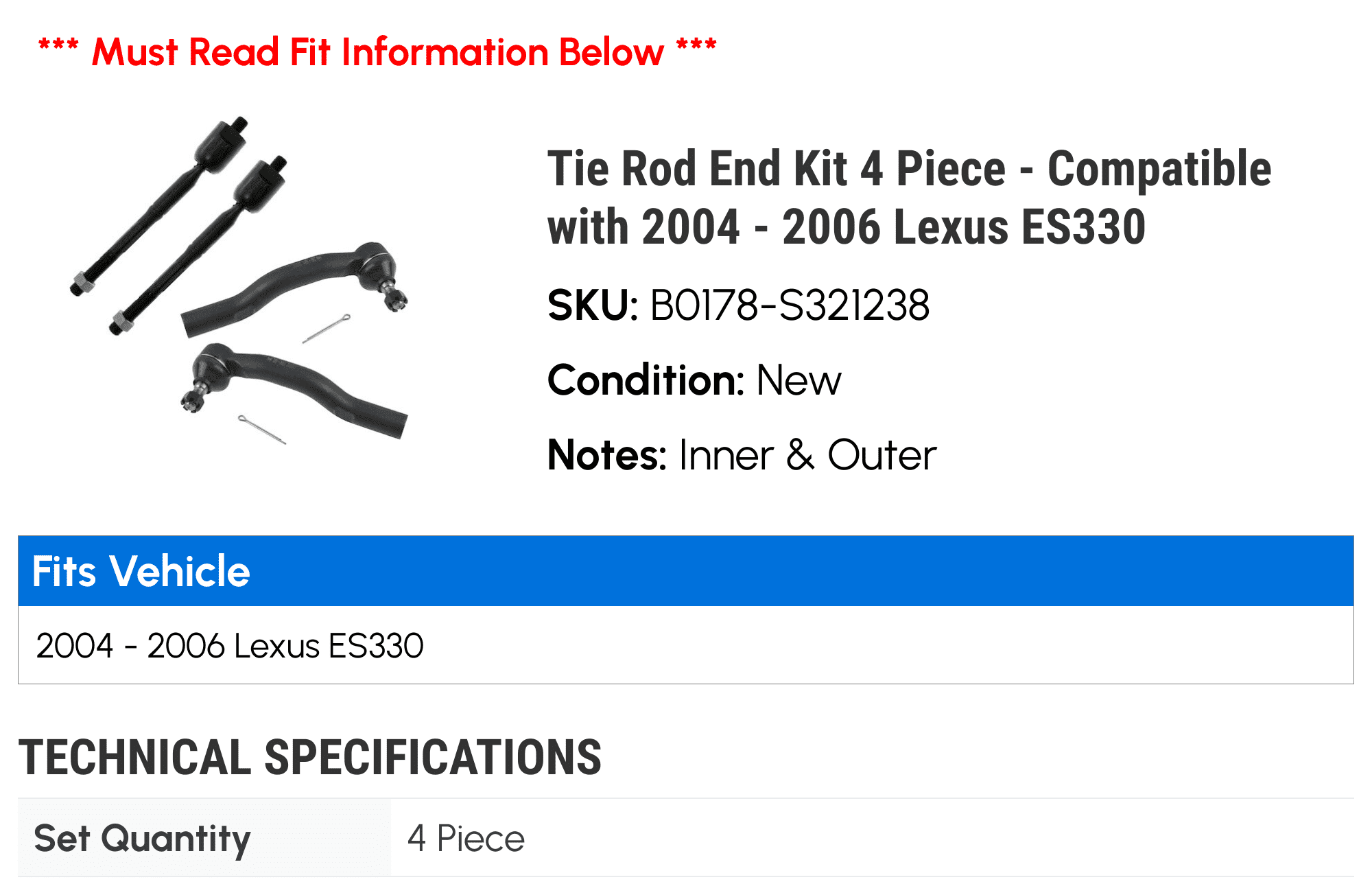Tie Rod End Kit 4 Piece - Compatible with 2004 - 2006 ES330 2005
