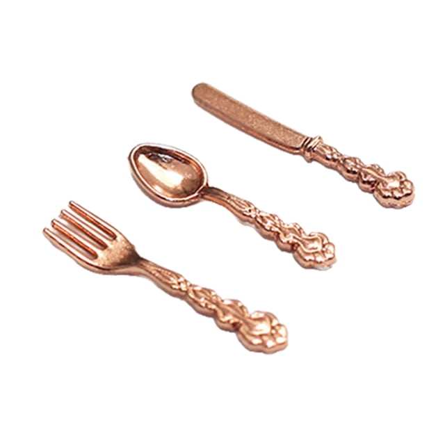 Wweixi 3 Pieces Tableware Model Mini Lovely Size 1/12 Kitchen Spoon Early Educational Imitation Cutlery Children Baby Kids Using Rose Gold