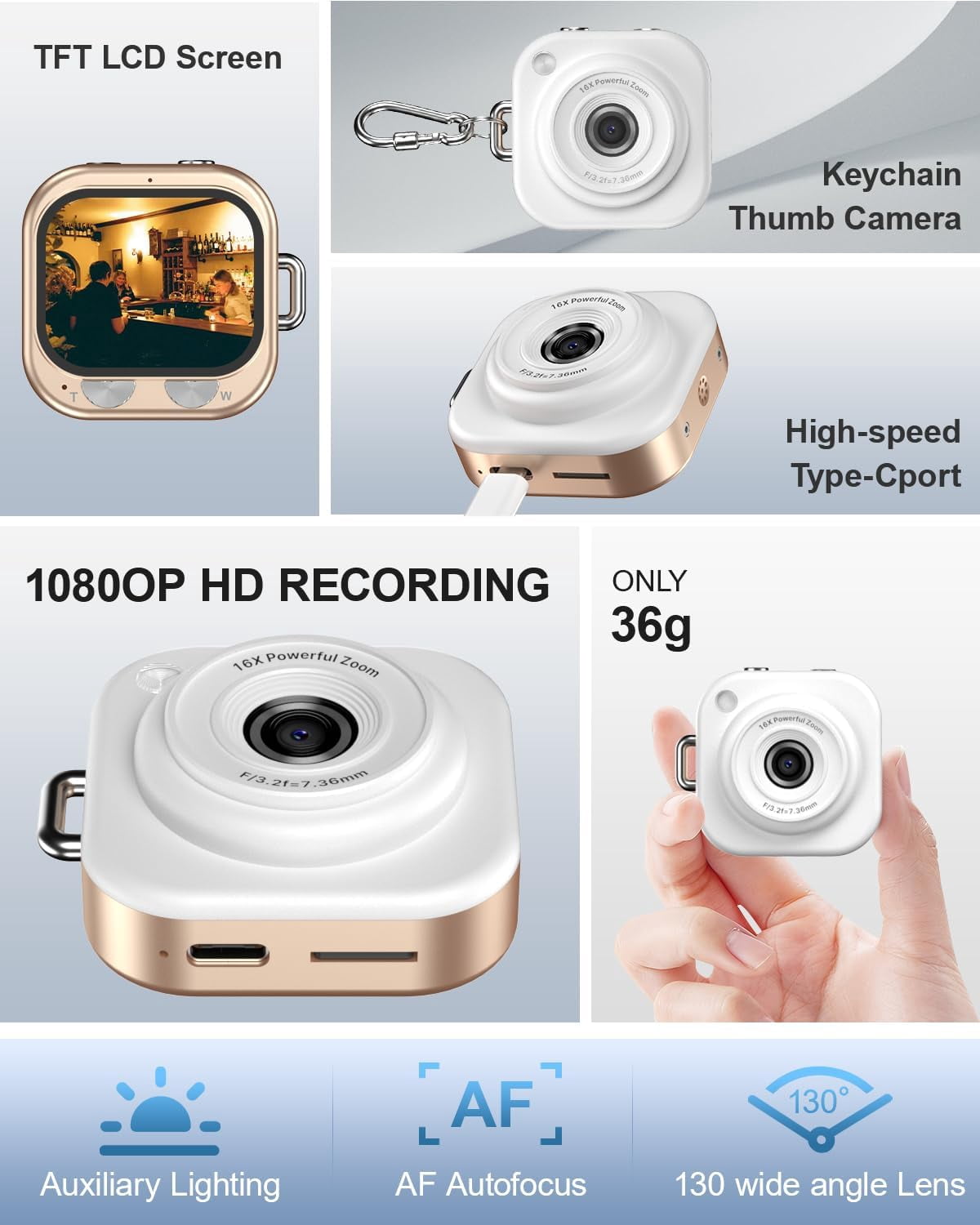 W & O Q16 Portable 48 MP Point & Shoot Digital Cameras with Keychain Camera, Gold