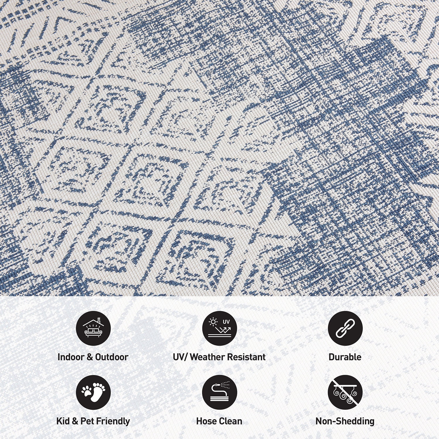 World Rug Gallery Transitional Bohemian Weather Resistant Reversible Indoor/Outdoor Area Rug - Blue 2'x7'