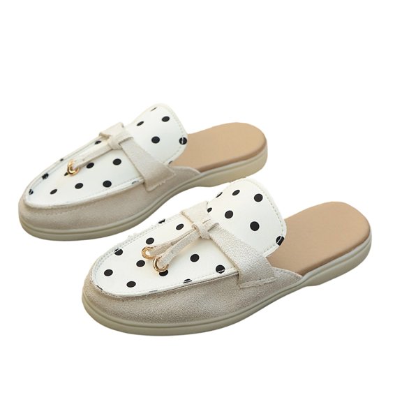 Gpaecead Women's Polka Dot Tassel Flat Mules Faux Suede Slip On Non Slip Shoes For Commute And Casual Style, White
